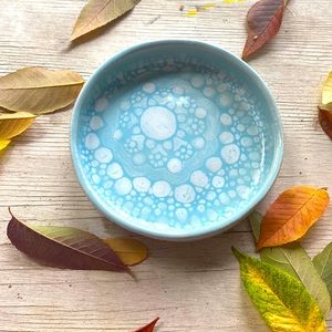 Flat bowl, colorful hand painted stoneware dish